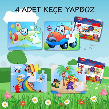 4 Set - 48 Parça Tox Uçak, Araba ve Gökkuşağı 3+ Keçe Yapboz - 3 Yaş Puzzle T04 T42