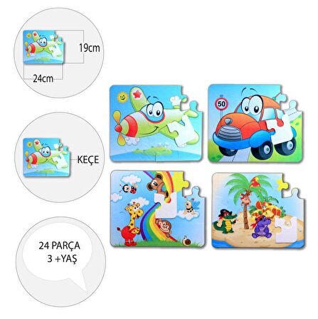 4 Set - 48 Parça Tox Uçak, Araba ve Gökkuşağı 3+ Keçe Yapboz - 3 Yaş Puzzle T04 T42