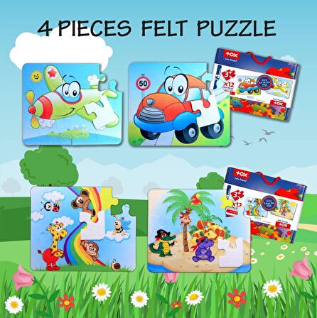 4 Set - 48 Parça Tox Uçak, Araba ve Gökkuşağı 3+ Keçe Yapboz - 3 Yaş Puzzle T04 T42