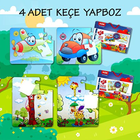 4 Set - 48 Parça Tox Uçak, Araba ve Zürafa 3+ Keçe Yapboz - 3 Yaş Puzzle T04 T43