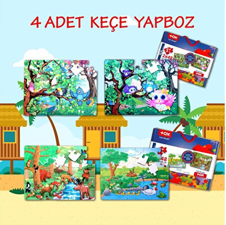 4 Set - 96 Parça Tox Orman ve Baykuş 5+ Keçe Yapboz - 5 Yaş Puzzle T15 T17