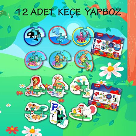 12 Set - 42 Parça Tox Deniz Canlıları ve Hayvanlar 2+ Keçe Yapboz - 2 Yaş Puzzle T01 T03