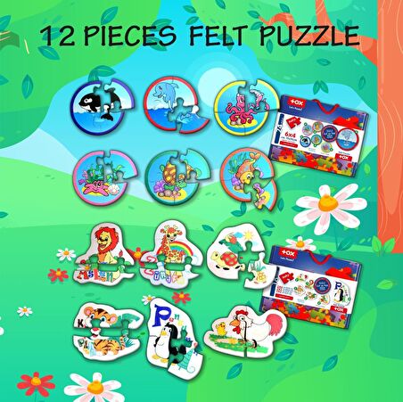 12 Set - 42 Parça Tox Deniz Canlıları ve Hayvanlar 2+ Keçe Yapboz - 2 Yaş Puzzle T01 T03