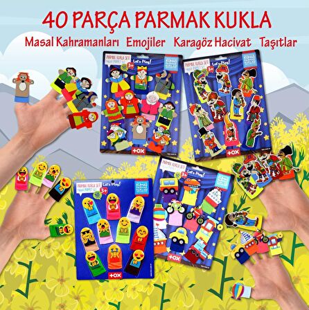 4 Set - 40 Parça Tox Masal Kahramanları , Emojiler, Karagöz  Hacivat ve Taşıtlar Parmak Kukla T106 T181 T224 T225
