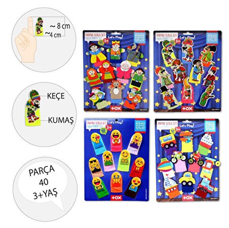 4 Set - 40 Parça Tox Masal Kahramanları , Emojiler, Karagöz  Hacivat ve Taşıtlar Parmak Kukla T106 T181 T224 T225