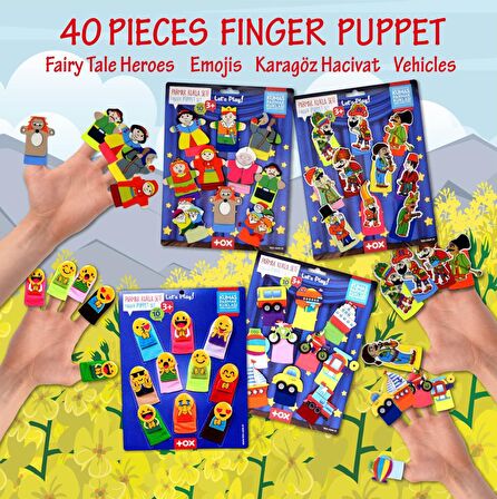 4 Set - 40 Parça Tox Masal Kahramanları , Emojiler, Karagöz  Hacivat ve Taşıtlar Parmak Kukla T106 T181 T224 T225