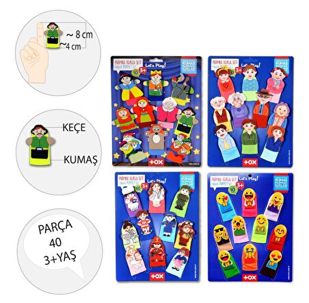 4 Set - 40 Parça Tox Masal Kahramanları, Aile Bireyleri , Meslekler ve Emojiler Parmak Kukla T225 T106 T751 T761