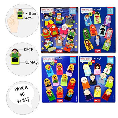 4 Set - 40 Parça Tox Masal Kahramanları, Aile Bireyleri , Meslekler ve Emojiler Parmak Kukla T225 T106 T75-2 T76-2