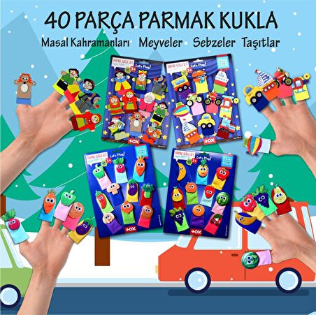 4 Set - 40 Parça Tox Masal Kahramanları, Meyveler, Sebzeler ve Taşıtlar Parmak Kukla T225 T104 T105 T181