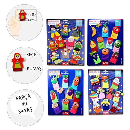 4 Set - 40 Parça Tox Masal Kahramanları, Meyveler, Sebzeler ve Taşıtlar Parmak Kukla T225 T104 T105 T181