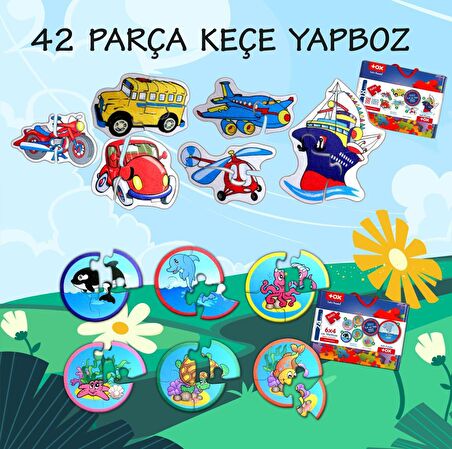 12 Set - 42 Parça Tox Deniz Canlıları ve Ulaşım Araçları 2+ Keçe Yapboz - 2 Yaş Puzzle T01 T02