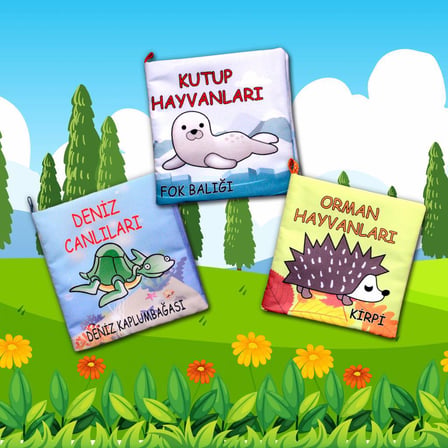 3 Kitap Tox Orman, Deniz ve Kutup Hayvanları Kumaş Sessiz Kitap T055 T056 T059 - Bez Kitap , Eğitici Oyuncak , Yumuşak ve Hışırtılı