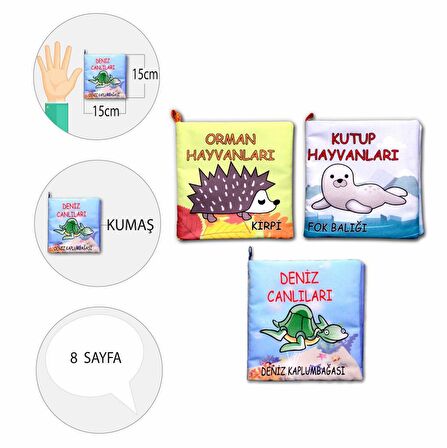 3 Kitap Tox Orman, Deniz ve Kutup Hayvanları Kumaş Sessiz Kitap T055 T056 T059 - Bez Kitap , Eğitici Oyuncak , Yumuşak ve Hışırtılı