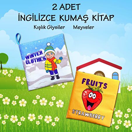 2 Kitap Tox İngilizce Kışlık Giysiler ve Meyveler Kumaş Sessiz Kitap E124 E126 - Bez Kitap , Eğitici Oyuncak , Yumuşak ve Hışırtılı