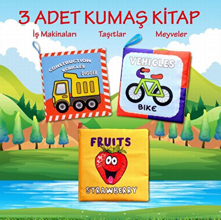 3 Kitap Tox İngilizce Taşıtlar , Meyveler ve İş Makinaları Kumaş Sessiz Kitap E118 E126 E132 - Bez Kitap , Eğitici Oyuncak , Yumuşak ve Hışırtılı