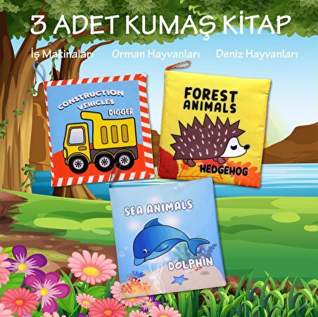 3 Kitap Tox İngilizce  Deniz Canlıları , Orman Hayvanları ve İş Makinaları Kumaş Sessiz Kitap E118 E122 E127 - Bez Kitap , Eğitici Oyuncak , Yumuşak ve Hışırtılı