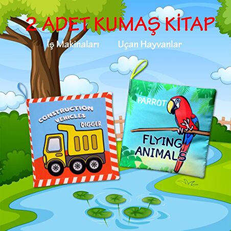 2 Kitap Tox İngilizce İş Makinaları ve Uçan Hayvanlar Kumaş Sessiz Kitap E118 E133 - Bez Kitap , Eğitici Oyuncak , Yumuşak ve Hışırtılı