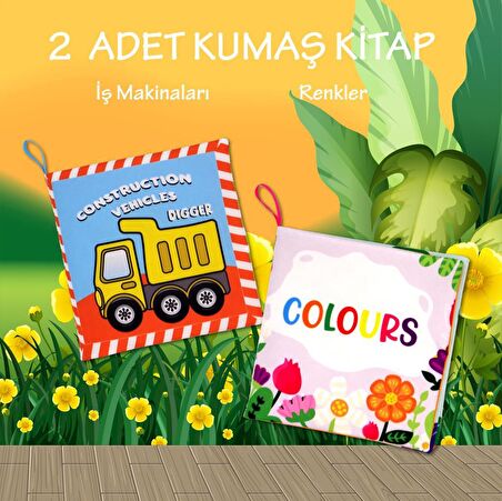 2 Kitap Tox İngilizce İş Makinaları ve Renkler Kumaş Sessiz Kitap E118 E129 - Bez Kitap , Eğitici Oyuncak , Yumuşak ve Hışırtılı