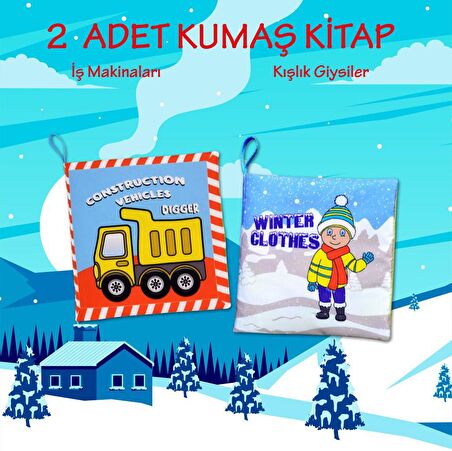 2 Kitap Tox İngilizce İş Makinaları ve Kışlık Giysiler Kumaş Sessiz Kitap E118 E124 - Bez Kitap , Eğitici Oyuncak , Yumuşak ve Hışırtılı