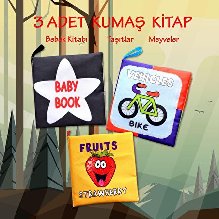 3 Kitap Tox İngilizce Taşıtlar , Meyveler ve Siyah-Beyaz Bebek Kumaş Sessiz Kitap E126 E132 E136 - Bez Kitap , Eğitici Oyuncak , Yumuşak ve Hışırtılı