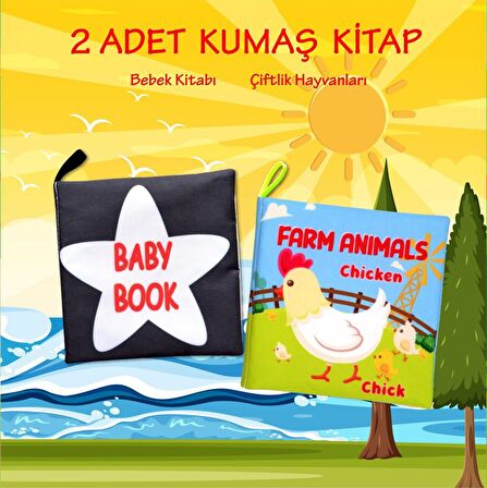 2 Kitap Tox İngilizce Siyah-Beyaz Bebek ve Çiftlik Hayvanları Kumaş Sessiz Kitap E136 E119 - Bez Kitap , Eğitici Oyuncak , Yumuşak ve Hışırtılı