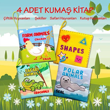 4 Kitap Tox İngilizce Şekiller , Çiftlik , Safari ve Kutup Hayvanları Kumaş Sessiz Kitap E119 E125 E130 E131 - Bez Kitap , Eğitici Oyuncak , Yumuşak ve Hışırtılı