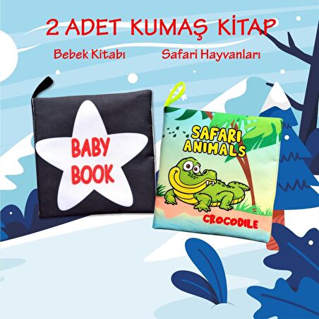 2 Kitap Tox İngilizce Siyah-Beyaz Bebek ve Safari Hayvanları Kumaş Sessiz Kitap E136 E130 - Bez Kitap , Eğitici Oyuncak , Yumuşak ve Hışırtılı