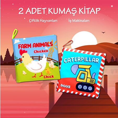 2 Kitap Tox İngilizce Çiftlik Hayvanları ve İş Makinaları Kumaş Kumaş Sessiz Kitap E119 E118 - Bez Kitap , Eğitici Oyuncak , Yumuşak ve Hışırtılı