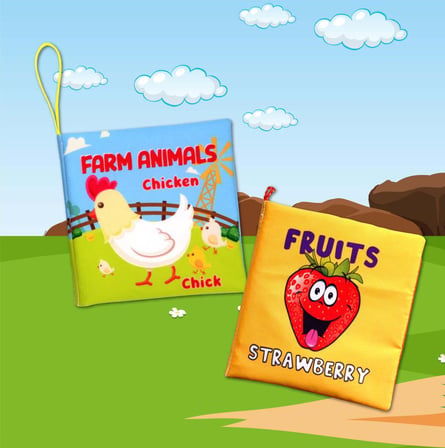 2 Kitap Tox İngilizce Çiftlik Hayvanları ve Meyveler Kumaş Sessiz Kitap E119 E126 - Bez Kitap , Eğitici Oyuncak , Yumuşak ve Hışırtılı