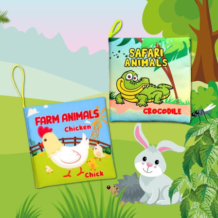 2 Kitap Tox İngilizce Çiftlik Hayvanları ve Safari Hayvanarı Kumaş Sessiz Kitap E119 E130 - Bez Kitap , Eğitici Oyuncak , Yumuşak ve Hışırtılı