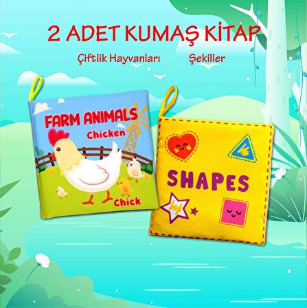 2 Kitap Tox İngilizce Çiftlik Hayvanları ve Şekiller Kumaş Sessiz Kitap E119 E131 - Bez Kitap , Eğitici Oyuncak , Yumuşak ve Hışırtılı