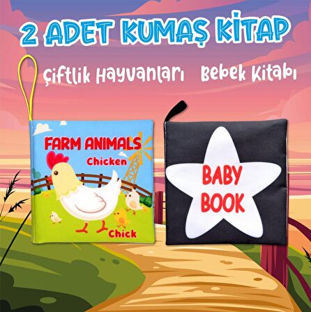 2 Kitap Tox İngilizce Çiftlik Hayvanları ve Siyah-Beyaz Bebek Kumaş Sessiz Kitap E136 E119 - Bez Kitap , Eğitici Oyuncak , Yumuşak ve Hışırtılı