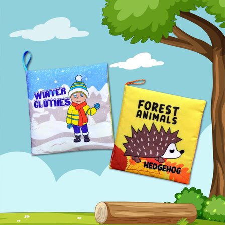 2 Kitap Tox İngilizce Kışlık Giysiler ve Orman Hayvanları Kumaş Sessiz Kitap E124 E127 - Bez Kitap , Eğitici Oyuncak , Yumuşak ve Hışırtılı