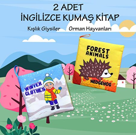 2 Kitap Tox İngilizce Kışlık Giysiler ve Orman Hayvanları Kumaş Sessiz Kitap E124 E127 - Bez Kitap , Eğitici Oyuncak , Yumuşak ve Hışırtılı