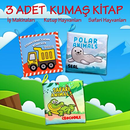 3 Kitap Tox İngilizce İş Makinaları , Kutup ve Safari Hayvanları Kumaş Sessiz Kitap E125 E118 E130 - Bez Kitap , Eğitici Oyuncak , Yumuşak ve Hışırtılı