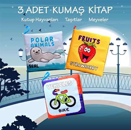 3 Kitap Tox İngilizce Kutup Hayvanları , Taşıtlar ve Meyveler Kumaş Sessiz Kitap E125 E126 E132 - Bez Kitap , Eğitici Oyuncak , Yumuşak ve Hışırtılı