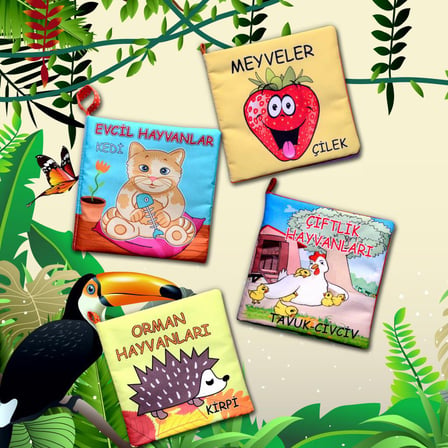 4 Kitap Tox Meyveler , Çiftlik , Orman ve Evcil Hayvanlar Kumaş Sessiz Kitap T055 T049 T058 T110 - Bez Kitap , Eğitici Oyuncak , Yumuşak ve Hışırtılı