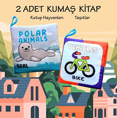 2 Kitap Tox İngilizce Kutup Hayvanları ve Taşıtlar Kumaş Sessiz Kitap E125 E132 - Bez Kitap , Eğitici Oyuncak , Yumuşak ve Hışırtılı