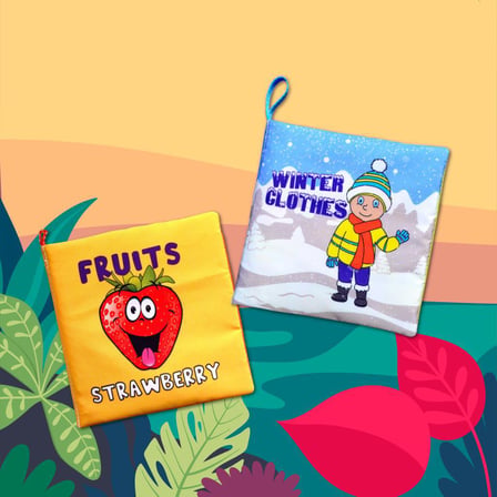 2 Kitap Tox İngilizce Meyveler ve Kışlık Giysiler Kumaş Sessiz Kitap E126 E124 - Bez Kitap , Eğitici Oyuncak , Yumuşak ve Hışırtılı