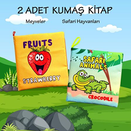 2 Kitap Tox İngilizce Meyveler ve Safari Hayvanları Kumaş Sessiz Kitap E126 E130 - Bez Kitap , Eğitici Oyuncak , Yumuşak ve Hışırtılı