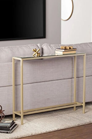 Modern Gold Renk Metal İskeletli Temper Camlı Raflı Dresuar Konsol