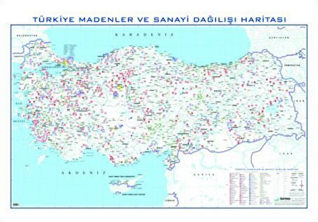 TÜRKİYE MADENLER VE SANAYİ DAĞILIŞI HARİTASI 80X135 CM