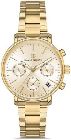 David Guner DG-8379LA-B4 Fonksiyonlar Aktif Takvimli 3 Atm Suya Dayanıklı Altın Renk Kadın Kol Saati
