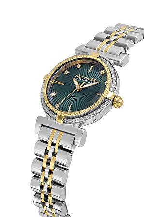 Dice Kayek DK.1.AG1401.03 Taşlı Tasarım Çelik Kordon Çelik Kasa 5 ATM Suya Dayanıklı Metalik-Altın Renk Kadın Kol Saati