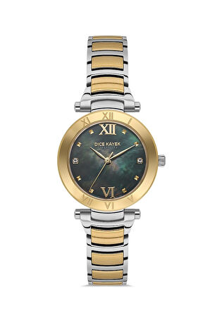 Dice Kayek DK.1.AG1399.04 Taşlı Tasarım Çelik Kordon Çelik Kasa 5 ATM Suya Dayanıklı Metalik-Altın Renk Kadın Kol Saati