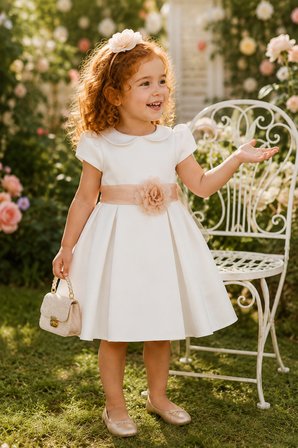 Kız Çocuk Sade Beyaz Saten Abiye Elbise Balo Elbisesi 7152