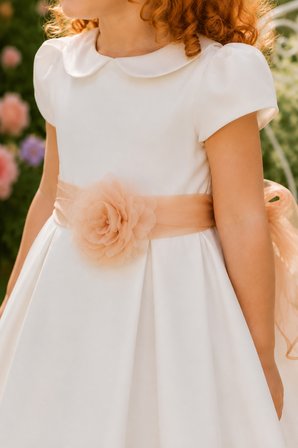 Kız Çocuk Sade Beyaz Saten Abiye Elbise Balo Elbisesi 7152