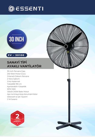 Essenti EV-30100 30'' Sanayi Tipi Ayaklı Vantilatör 240W