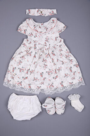 Çiçekli Dantel Detaylı Kız Bebek Bayramlık 5'li Set 11726