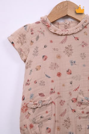  Kız Bebek Kısa Müslin Tulum %100 Pamuk Çiçek Baskılı 12049